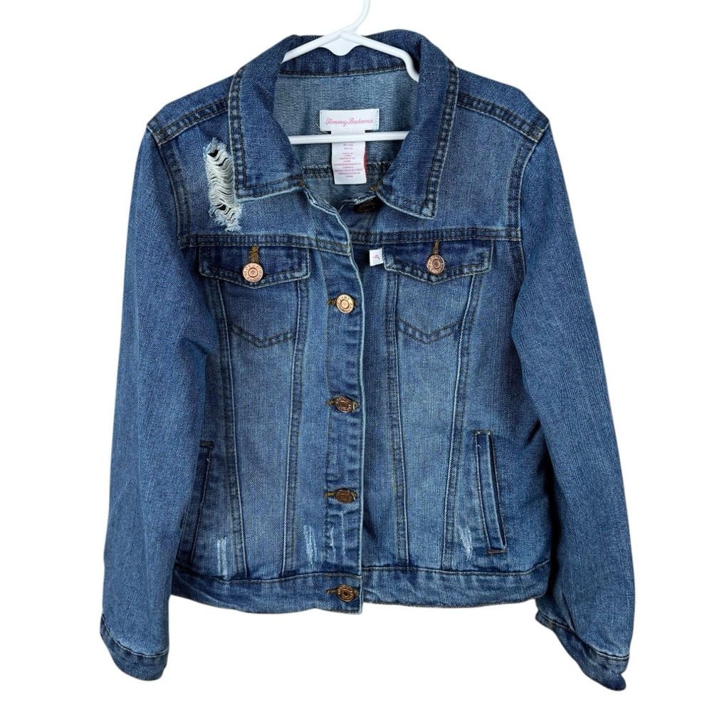 Tommy Bahama Girls Denim Jacket Size 10 Distressed Button Front Classic Blue